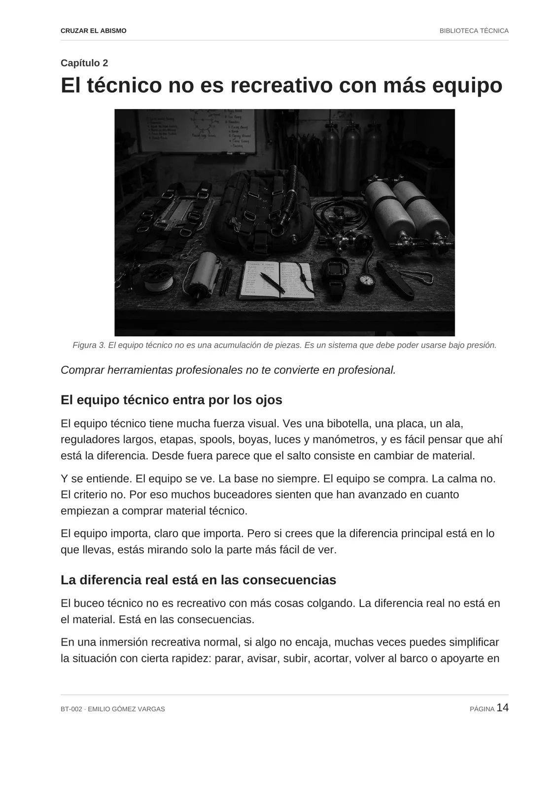 Página 14 del libro Cruzar el abismo sobre equipo técnico y criterio del buceador