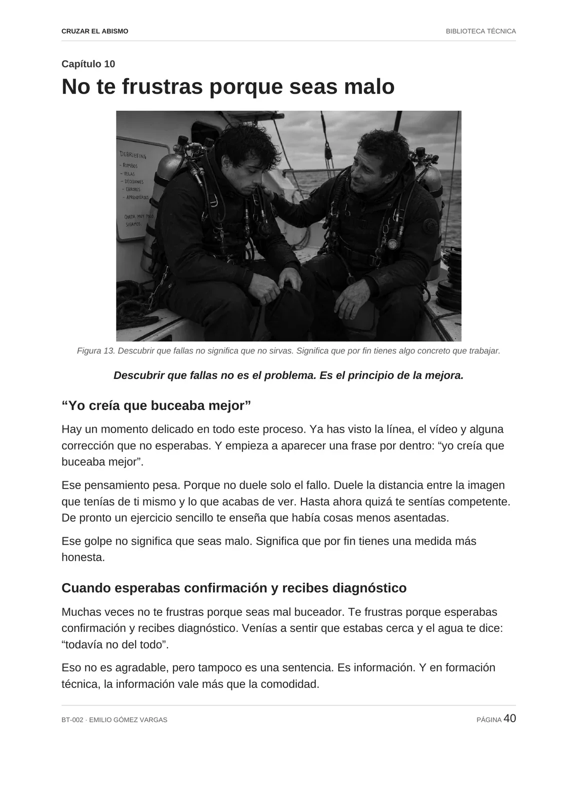 Página 40 del libro Cruzar el abismo como muestra de lectura técnica para buceadores