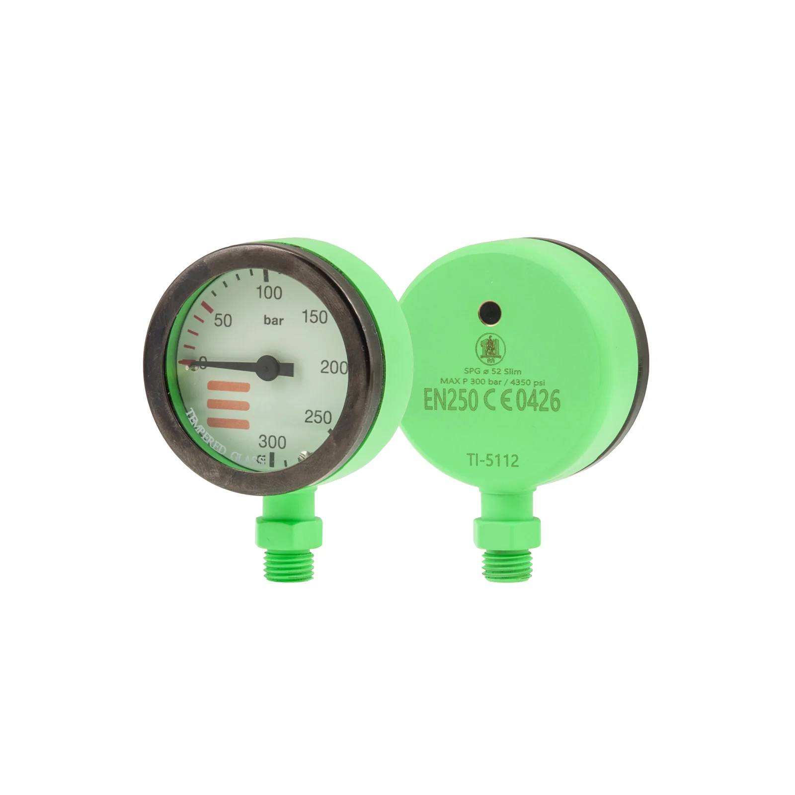 Manómetro SPG Ø52 mm, escala 300 bar, presión de trabajo 230 bar, verde - solo cabezal
