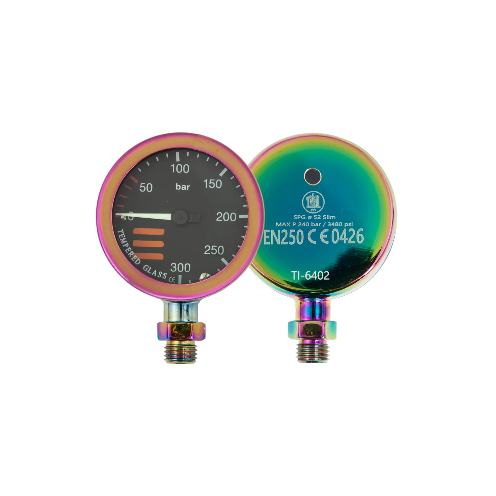 Manómetro SPG Ø52 mm, escala 300 bar, presión de trabajo 230 bar, recubrimiento PVD arcoíris - solo cabezal