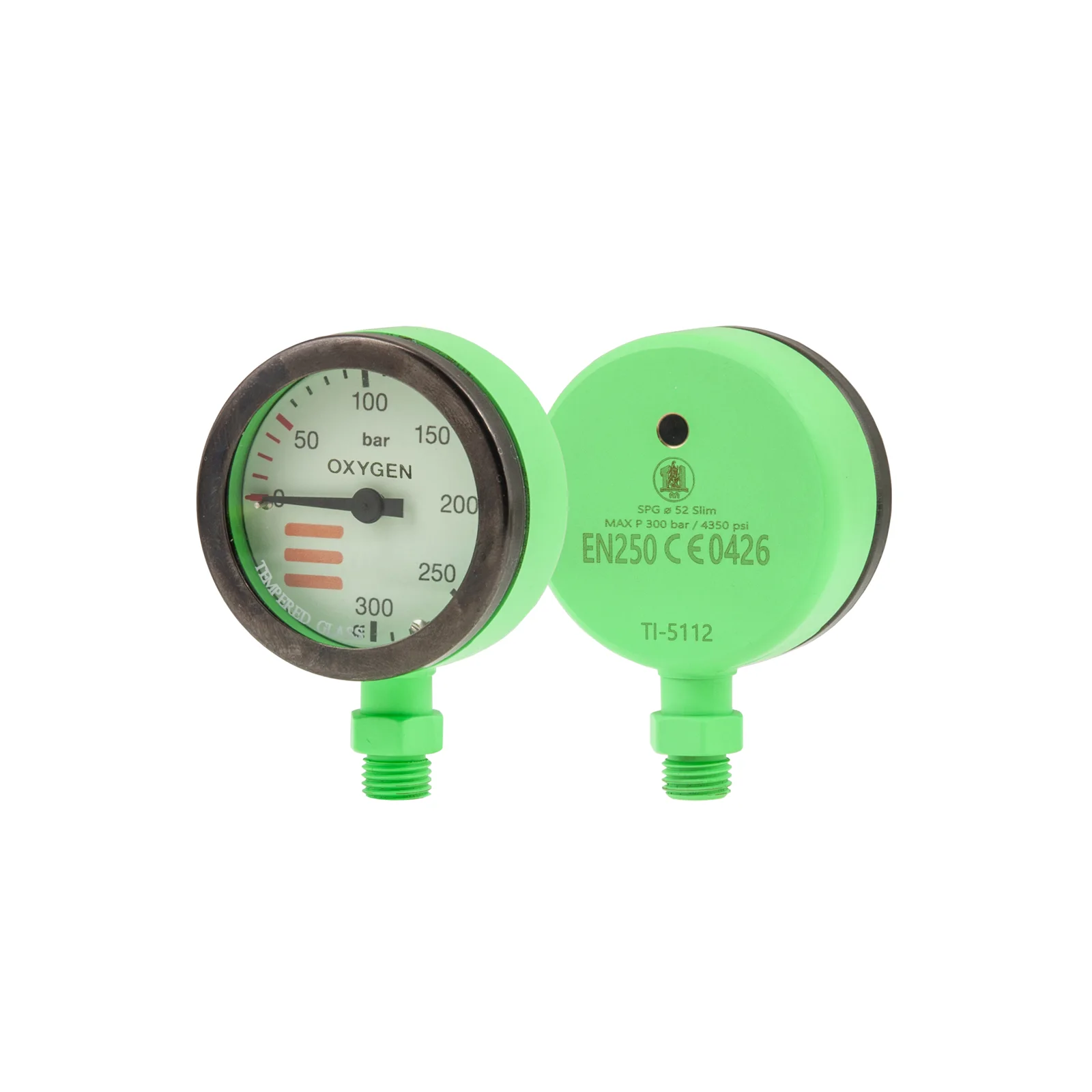 Manómetro SPG O2 Ø52 mm, escala 300 bar, presión de trabajo 230 bar, verde - solo cabezal