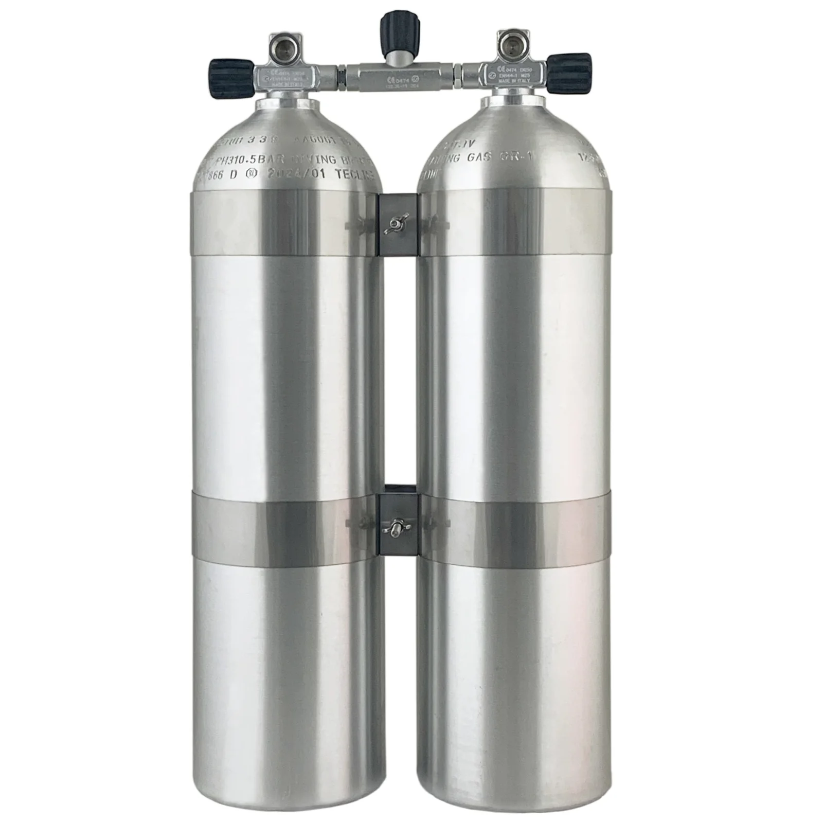 Double alu tank brushed 2 x 11,L, 186 mm, 200 Bar, Tecline, 60 mm tank bands, manifold, rubber knobs