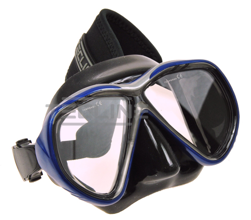 TecLine Tiara mask w/neoprene strap, blk silicone, blue frame