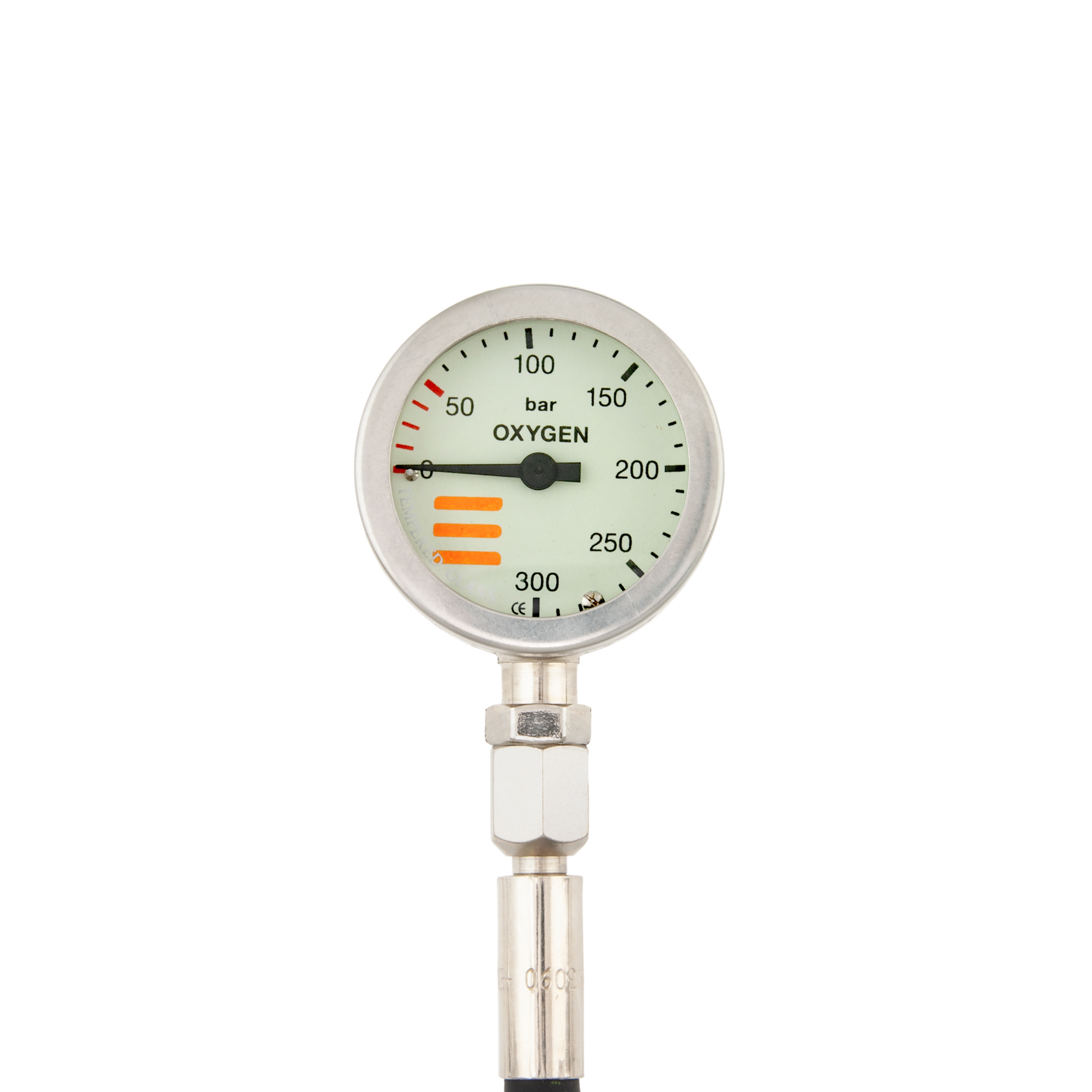 SPG diam 52 mm O2, scale 300 bar, working pressure 230 bar, nickel, 20 cm HP hose, without cover