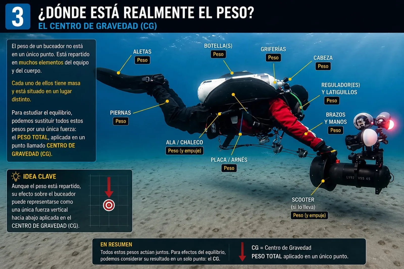 Buceador técnico con etiquetas de botellas, griferías, reguladores, placa, lastre, aletas y accesorios como contribuyentes al centro de gravedad.