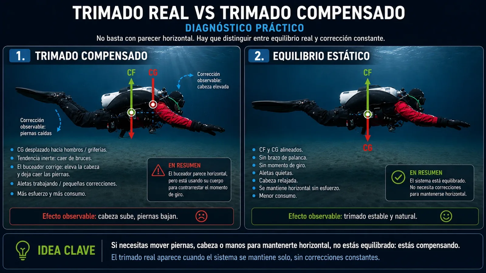 Comparación entre trimado compensado y equilibrio estático real en buceo